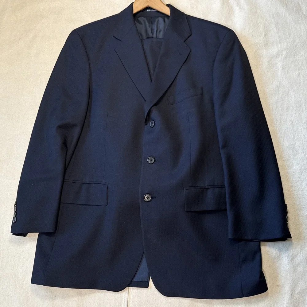 vtg 90s Ralph Lauren Chaps 44R 34x39 Navy 2pc Pant Suit Wool Cuffed Pleated